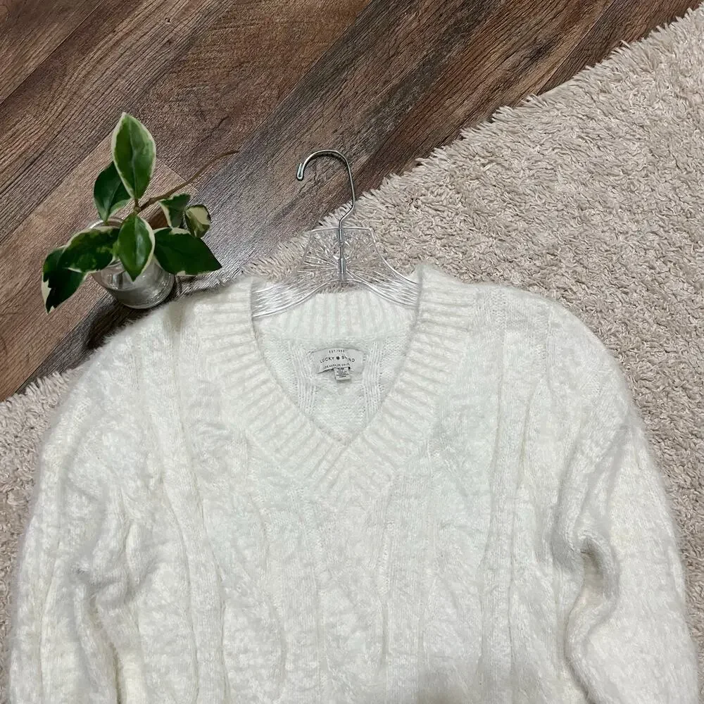 Lucky Brand Size Small White V-Neck Cable Knit Faux Fur Pullover Sweater